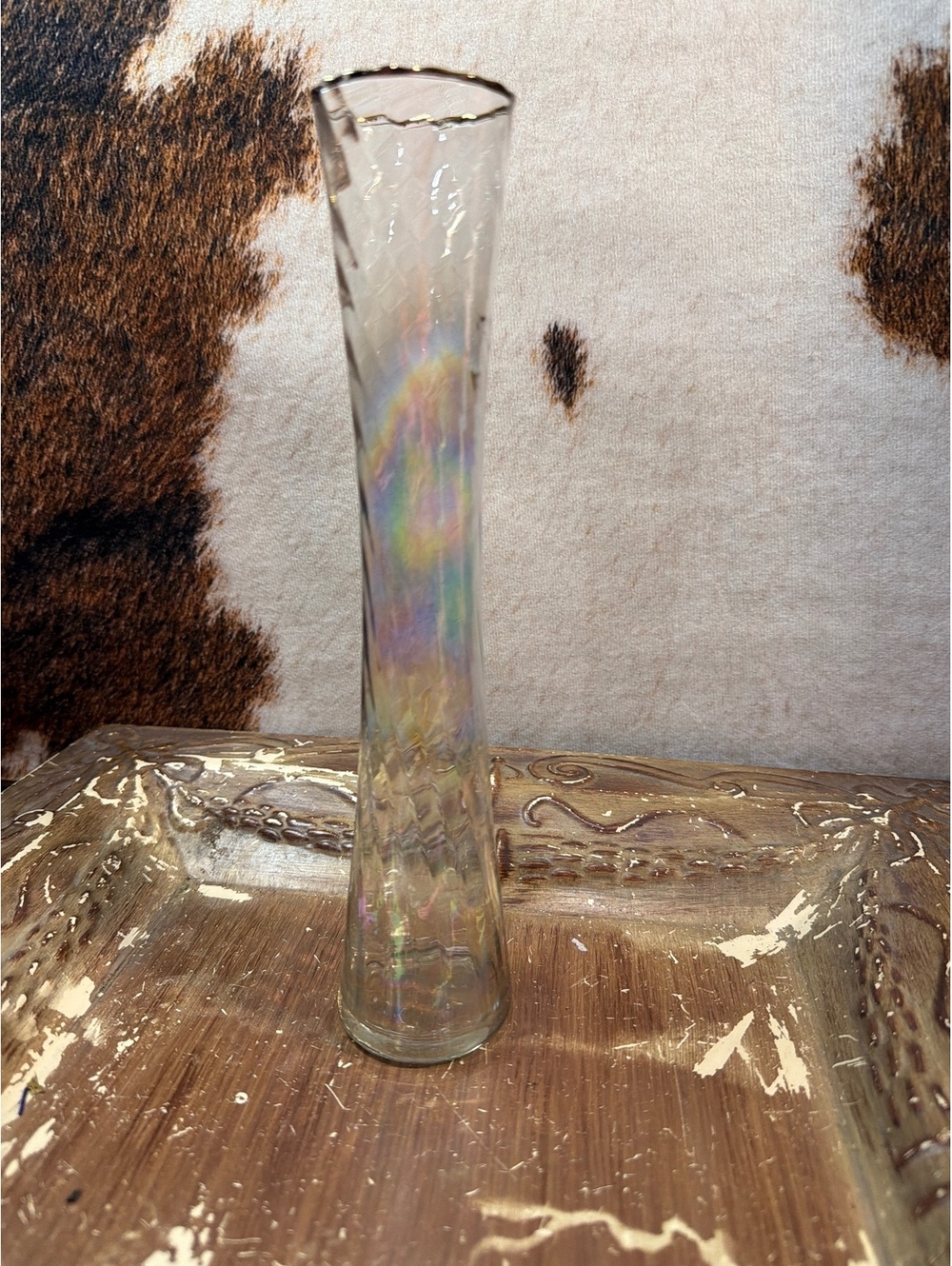 Tall Clear Glass Bud Vase with Gold Rim
